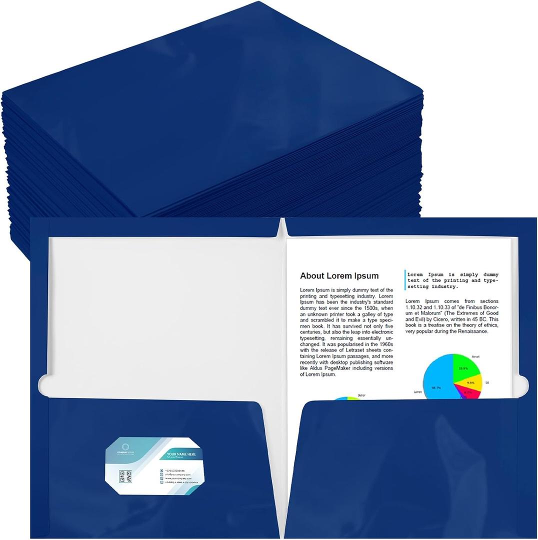 Yeaqee 100 Pack 2 Pockets Glossy Laminated Paper Folder First Day of School Presentation Folder Letter Size Two Pocket File Portfolio Holder Back to School Items Bulk for Teacher Office (Blue)