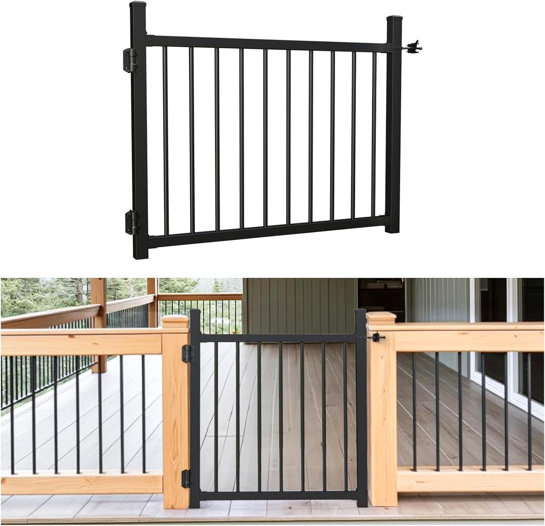 36"x45" Aluminum Gate with Self-Closing Hinges,Round Tube 3/4" pickets,DIY Adjustable Width Black Powder Coated Deck gate Kits Incl. Hinges Latch for Deck Railing Patios Gardens Indoor Outdoor
