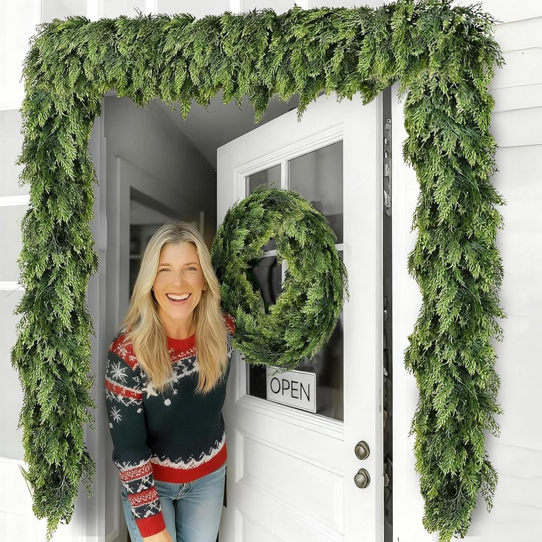 2 PCS 9 FT Christmas Cedar Garland, Artificial Real Touch Greenery Pine Garlands, Thick & Lush Realistic Green Faux Garland for Mantle Fireplace Table Indoor Outdoor Winter Christmas Decorations