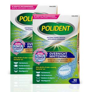 Polident Overnight Whitening Antibacterial Dental Appliance Cleanser Tablets, 90 Count (2 Pack)