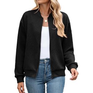 Schine Women's Lightweight Textured Bomber Jacket Casual Loose Fit Zip Up Crew Neck Long Sleeve Soft Outerwear for Daily Wear (Black) Medium