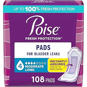 Poise Incontinence & Postpartum Pads for Bladder Leaks, 4 Drop Moderate Absorbency, Long Length, 108 Count, Packaging May Vary