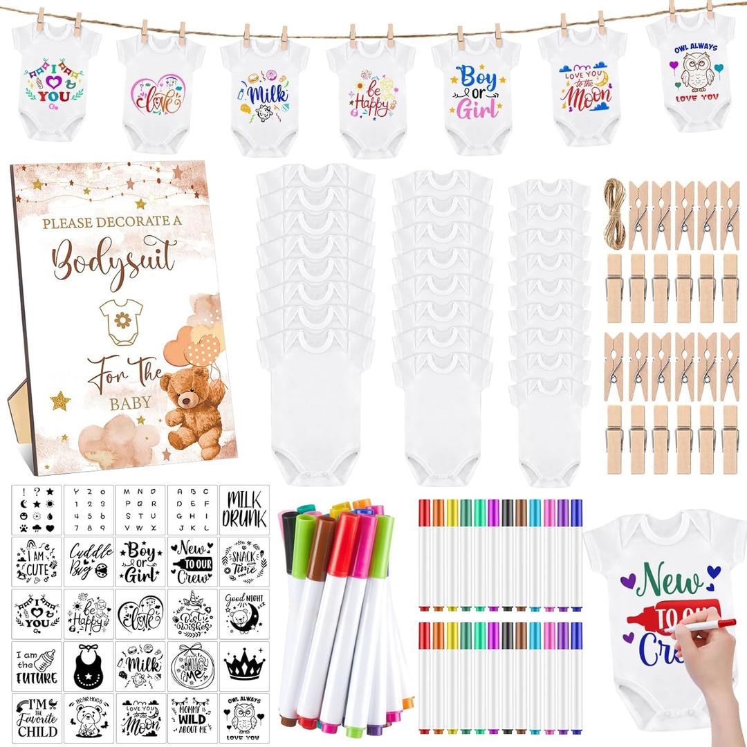 Panitay 126 Pcs Baby Shower DIY Bodysuit Set Bib 25 Blank White Newborn Bodysuit 25 Stencils 24 Marker 1 Sign 50 Pins(Bear)