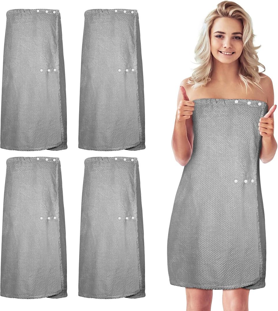 Tigeen 4 Pcs Spa Wrap Towel Wrap for Women Spa Robe with Adjustable Closure Elastic Top Lightweight Wraps for Bath Shower(M,Gray)