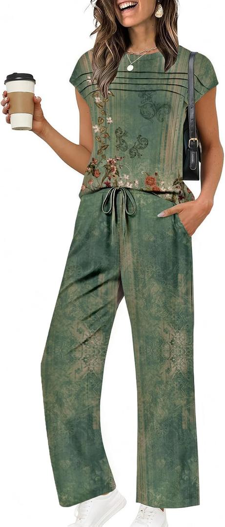Ekouaer Two Piece Sets for Women Summer Soft Casual Cap Sleeve Lounge Sets Travel Vacation Airport Outfits (Green, XL)