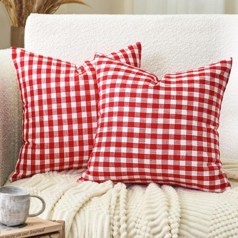 CARRIE HOME Red and White Christmas Decor Buffal Plaid Pillow Covers 18x18 Set of 2, Red Christmas Checkered Gingham Pillow Covers 18 x 18, Farmhouse Xmas Decor Outdoor Throw Pillows for Porch