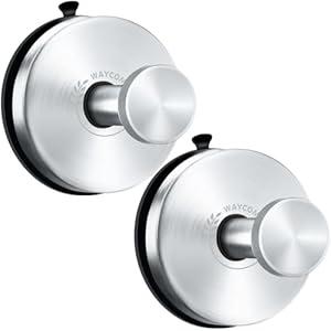 WAYCOM Suction Cup Hooks for Shower, 2Pcs Towel Hooks for Bathroom Wall SUS304 Vacuum Stainless Steel Shower Hooks Bathroom, Kitchen, Glass Door, Tile – Loofah, Towel, Coat, Bath Robe Hook Holder