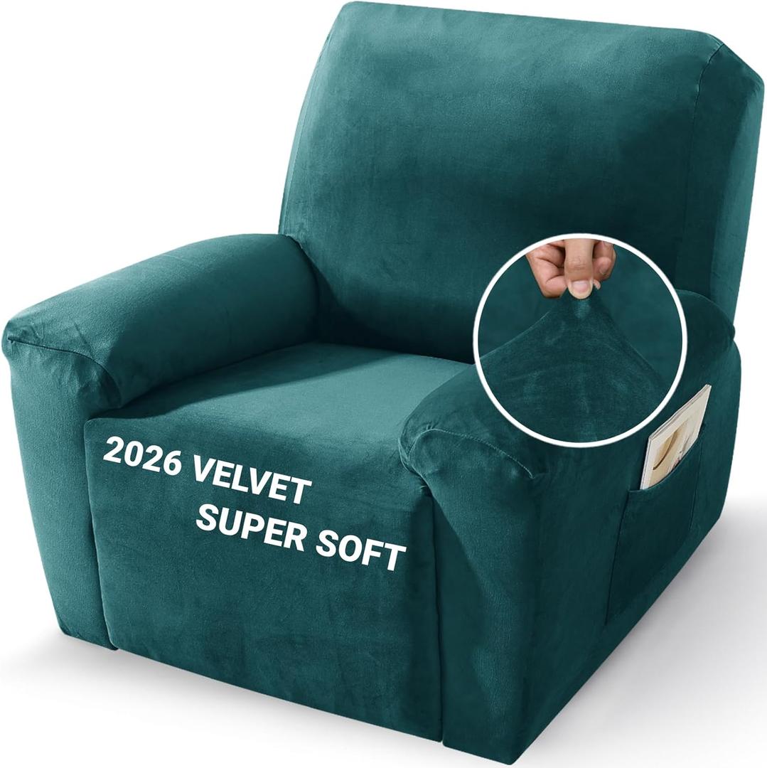 ZNSAYOTX 2026 Velvet Oversized Recliner Cover 3-Piece, Luxury Plush Recliner Chair Cover with Elastic Band & Ties Stay in Place, Stretch Reclining Slipcover for Lazy Boy Soft Washable (Blackish Green)