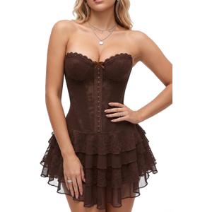Women's Lace Corset Dress Sexy Mini Party Dress with Built in Shorts (Brown, L)