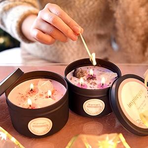 Inspireyes Scented Candles Set with Crystal, 3 Wick Candle 19 oz Soy Wax Aromatherapy Meditation Candles, Large Manifestation Candle with Large Energy Stones, Birthday Gifts for Women
