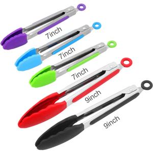 Kitchen Tongs with Silicone Tips - ForTomorrow Set of 5, 7 9 Inch Premium Silicone Tipped Tongs for Cooking Heat Resistant, Serving Food, BBQ (Multicolor)