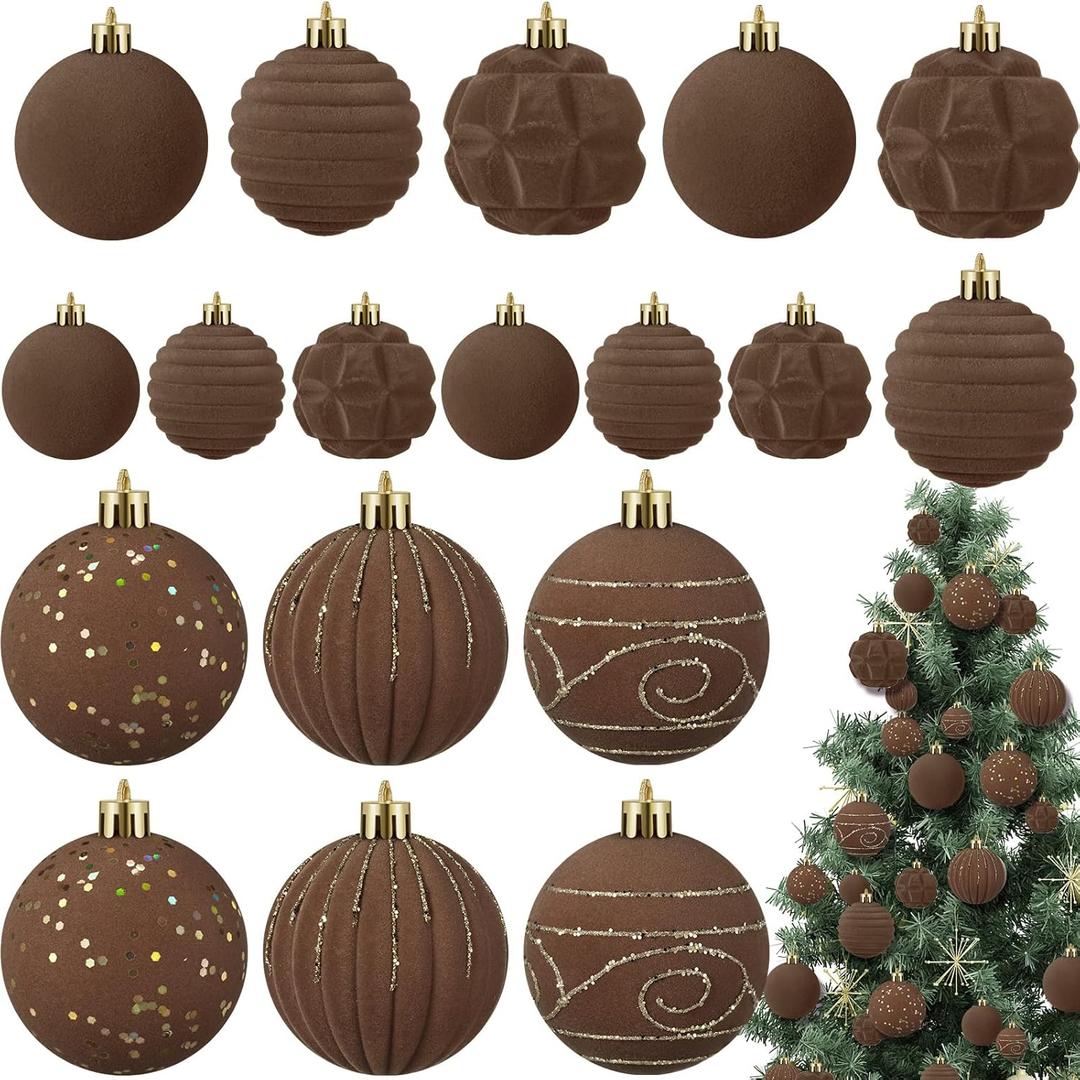 Suzile 18 Pcs Velvet Christmas Tree Ornaments Flocked Christmas Ball Decorations Xmas Balls Holiday Hanging Ornaments for Xmas Tree Wreath Garland Holiday Fireplace Decoration (Dark Brown)