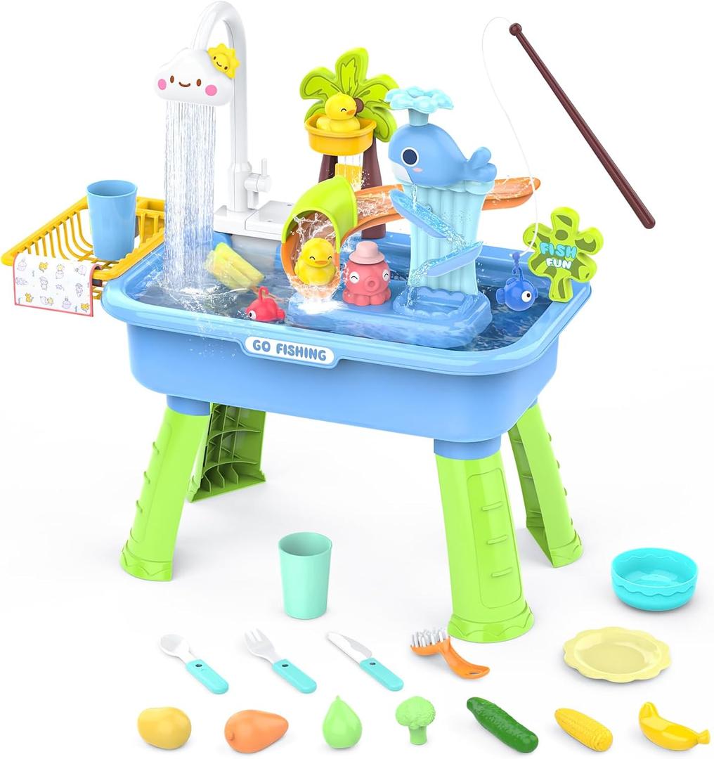 Water Table for Toddlers 1-3 with Electric Water Pump, Sand and Water Table for Kids Ages 4-6, Play Sink with Running Water, Sensory Table & Summer Water Toys (Blue)