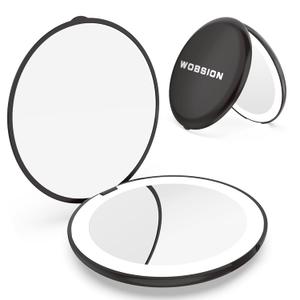 WOBSION Travel Compact Mirror,Portable 1x/10x LED Makeup Mirror with Magnification,Handheld 2-Sided Pocket Mirror, 3.5in Small Mirror for Purse,Handbag,Gift,Black