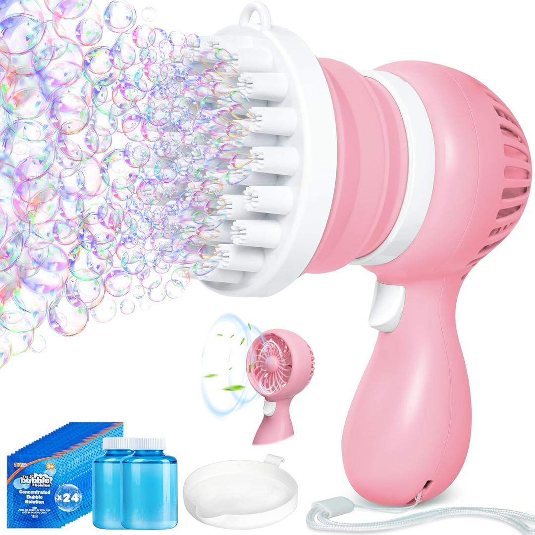 Sloosh Bubble Machine Gun with Solution Refill, Removable Fan, Rocket Shape Bubble Guns Blaster for Kids Adults, Summer Toys, Party, Easter, Birthday Gift, Outdoor (Pink)
