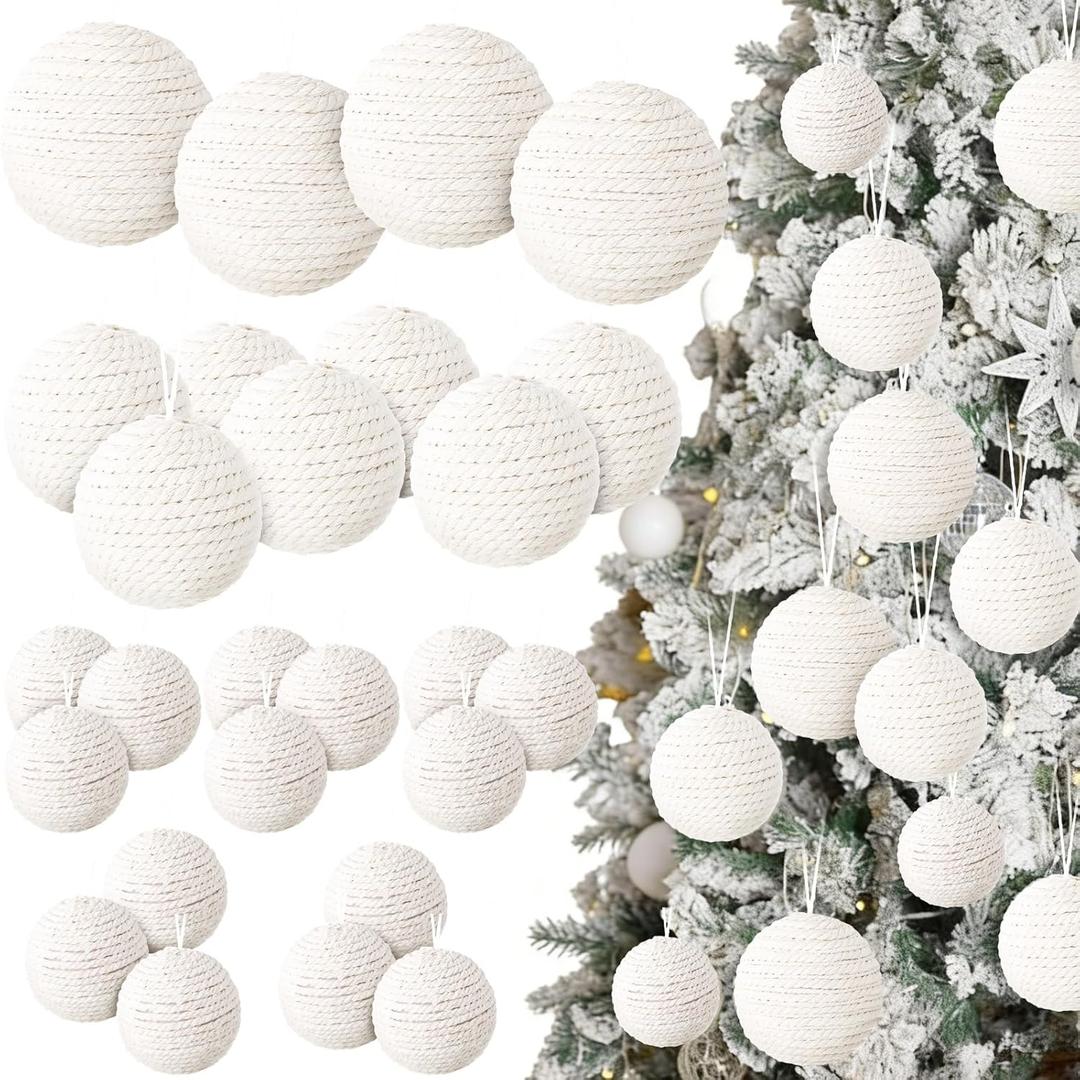 Gejoy 24 Pcs Burlap Christmas Boho Balls Ornaments 3.15 2.36 1.57 Inch Farmhouse Balls Rustic Ornaments for Home Xmas Tree Wreath Garland Holiday Party Decoration