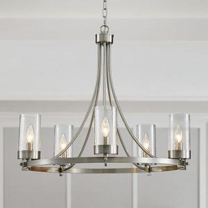 WUZUPS 5-Light Wagon Wheel Chandelier Rustic Farmhouse Industrial Round Pendant Light Fixture with Clear Seeded Glass Shades for Dining Room Kitchen Island, H 20.5" x W 26.2", E12 Base, Nickel