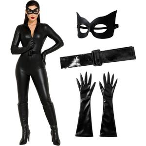 Morph Black Catsuit For Women Leather Jumpsuit Women's Adult Black Cat Suit Halloween (Small)