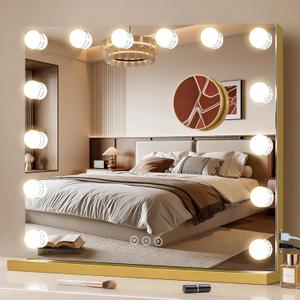 Vanity Mirror with Lights 19.7''x16.6'' Makeup Mirror with Lights Lighted Up Mirror with Dimmable LED Bulbs,3 Color Lighting Modes,USB Charging Port Touch Control,Sturdy Metal Frame Design,Gold