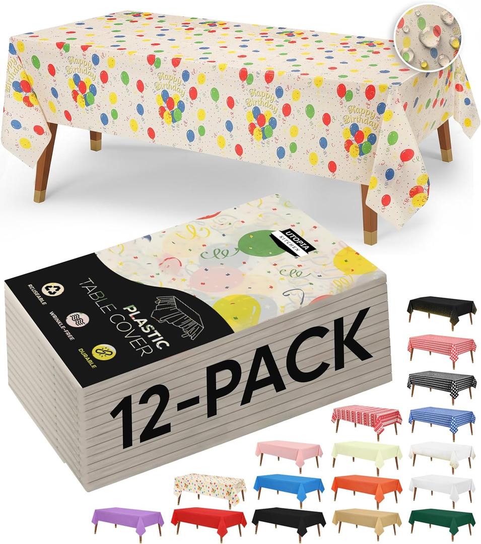 Utopia Kitchen Plastic Table Cloth Disposable (12 Pack - 54x108 Inch) Birthday Rectangle Tablecloth Waterproof Stain Resistant Party Table Cover