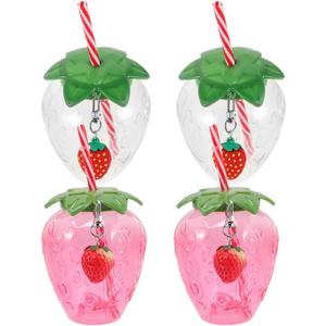 Healifty strawberry cups for Party: 4 Sets Cute 500ml 17oz Strawberry Bottle with Straw Leaf Lid Keychain Drinking Tumbler Water Juice Milk Tea Mug for Kids Girls Hawaiian Summer