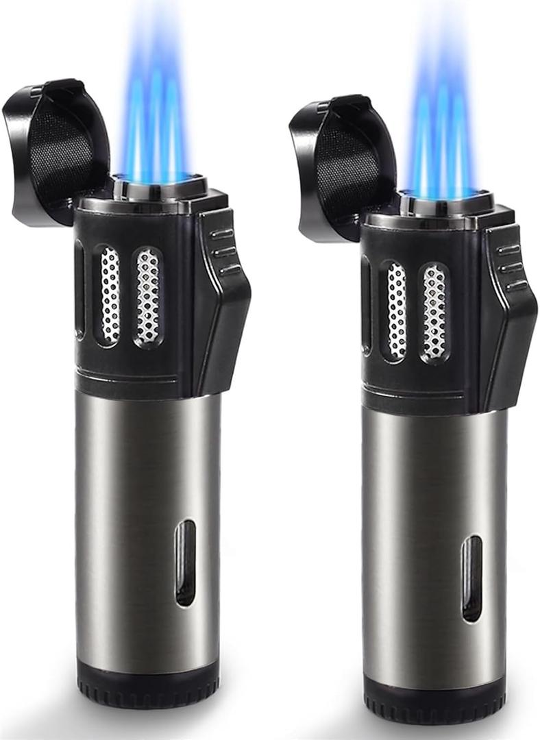 2 Pack Torch Lighters, Triple Jet Flame Butane Gas Refillable Lighter, Adjustable Windproof Lighter for BBQ Kitchen Fireplace Camping, Black