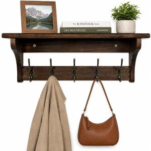 Wall Mounted Coat Rack with Shelf, Solid Wood & Metal Hooks – 23.2 Inch Entryway Organizer with 5 Hooks for Hanging Coats, Hats, Bags, Keys, Rustic Brown for Hallway, Bedroom, Bathroom（23.2 Inch）