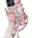 for Moto G 2025/2026,G Play 2026 Bling Case Luxury Cute Diamond Glitter Crystal Rhinestone 3D Rose Flowers Pearl Handmade Phone Cover for Women Girls with Wrist Strap,Pink