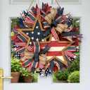 15.7 Inch Patriotic Wreaths for Front Door, 4th of July Outdoor Decorations, Red White and Blue Weather, Handcrafted Memorial Day Wreaths, Festival Celebration USA Flag Printed Wreath