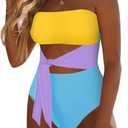 Viottiset Women's Bandeau One Piece Swimsuit Strapless Tie High Cut Out Bathing Suit, S