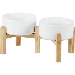 Ceramic Raised Double Bowls Set with Stand, 2 Heights Elevated, Food & Water Bowls for Small Breed Dogs, Weighted Dog Dishes, Pet Bowl(6.1'',28.7oz, White)