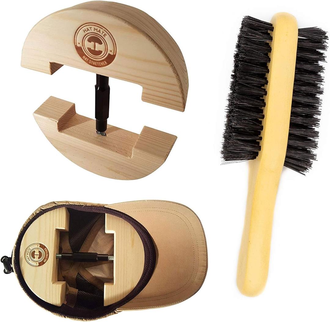 Premium Hat Stretcher w/ Bonus Brush - Solid Wood & , Heavy Duty Fits All Hats & Clothes Brush, Unisex Cream