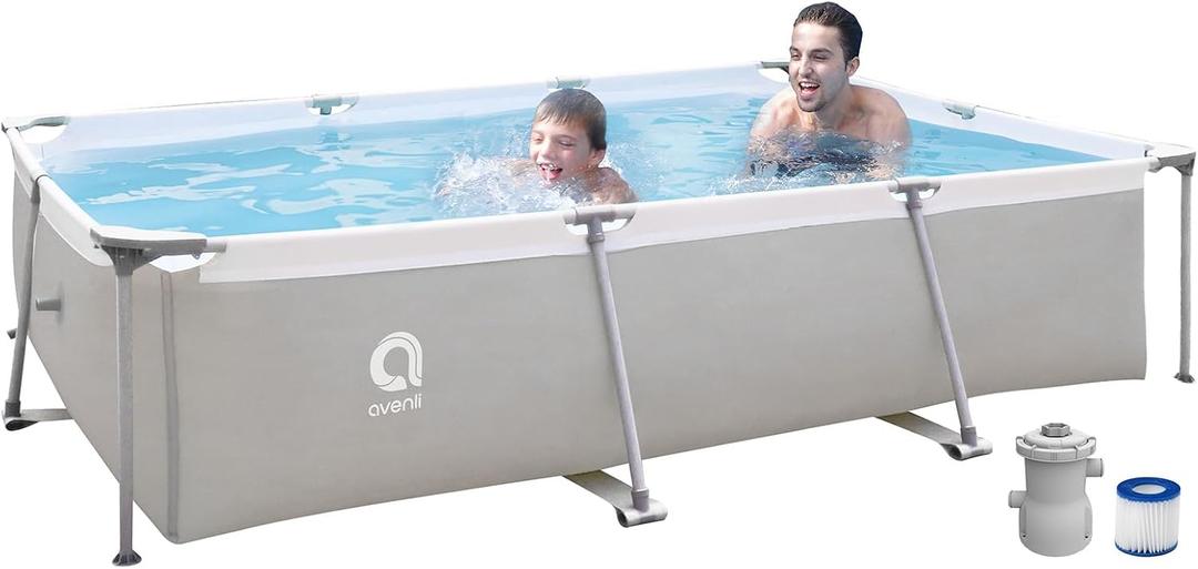 Above Ground Swimming Pool with Filter Pump, Outdoor Rectangle Steel Frame Pool for Backyard, Gray 10ft x 6.8ft x 25.6in