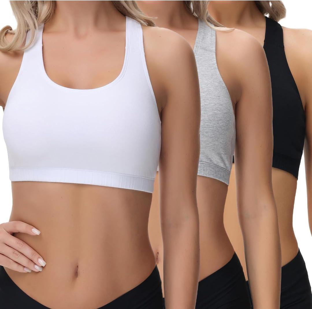 wirarpa Women's Bralette Cotton Racerback T-Back Bralettes Crop Top No Padding Light Support 3 Pack (X-Large, Black/Grey/White)