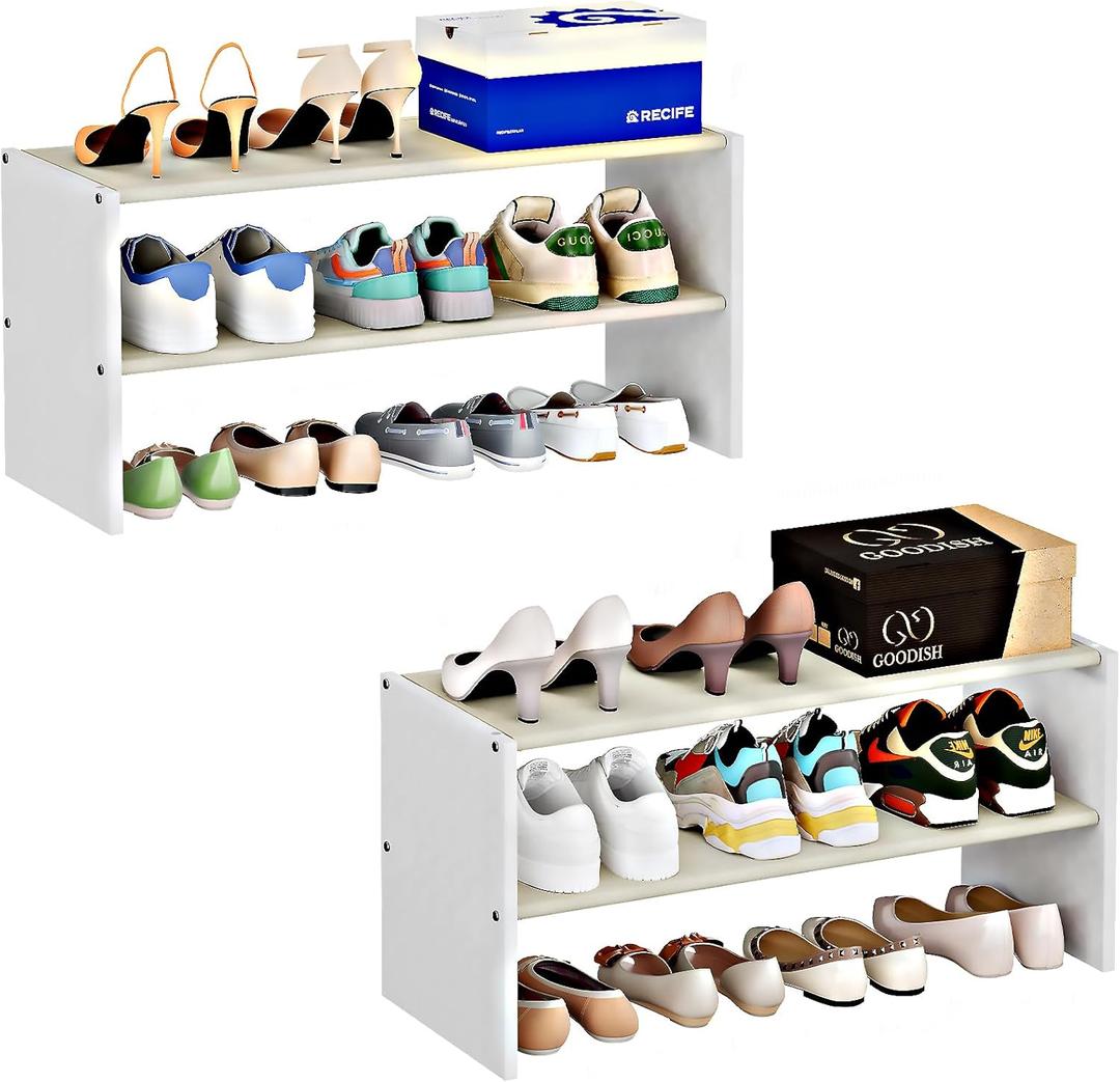 Cidaziya 2 Pack 2 Tier Small White Shoe Rack for Closet, Stackable Shoe Shelf Organizer for 9-12 Pairs of Shoes, Portable Wood and Cloth Structure, Small Shoe Storage Organizer, Size 28.5"* 11" * 13"