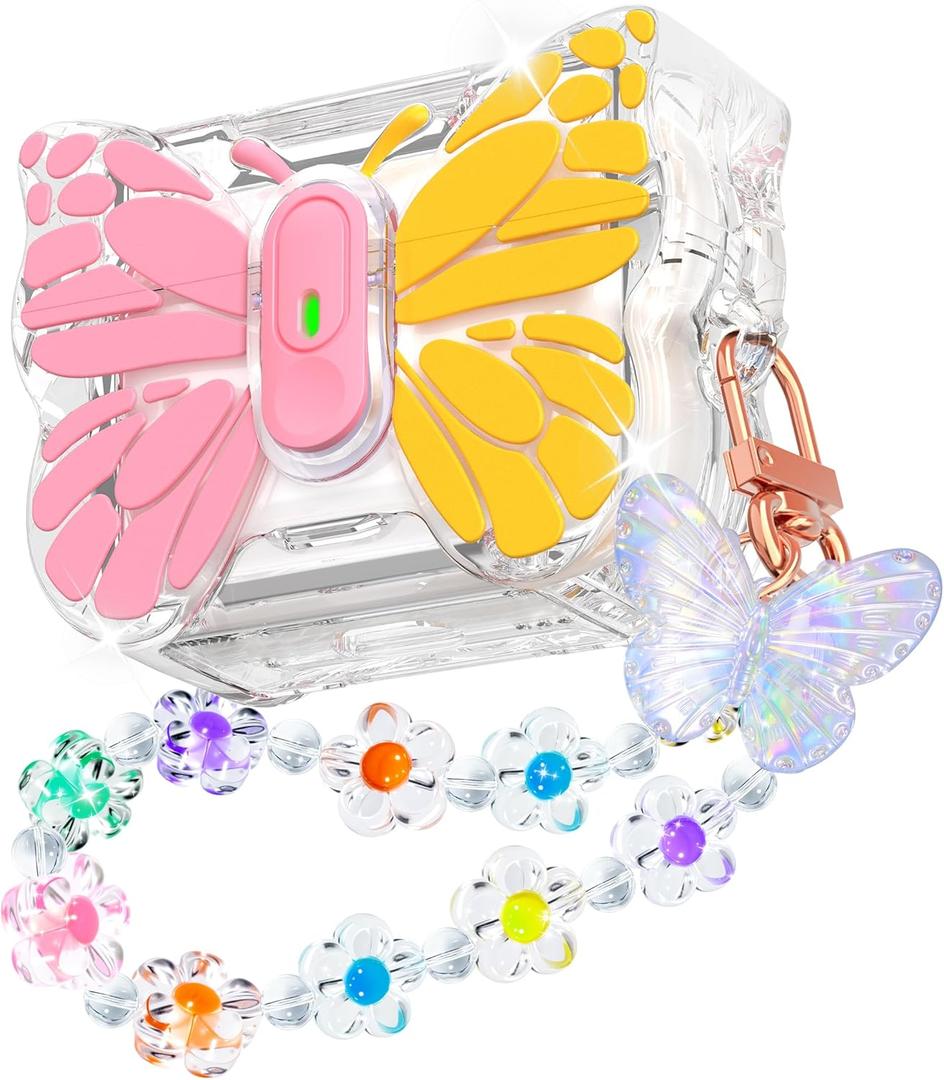 R-fun for AirPods Pro 3 Case Butterfly Artistry - Auto Pop-Up Lid & Kickstand, Military-Grade 360 Protection, with Beautiful Bracelet & Cleaning Kit for AirPods Pro 3 Gen, Pink Yellow