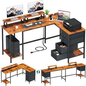 59 inch L Shaped Computer Desk with Power Outlets, Home Office Desk with 4 Adjustable Storage Drawers & 2 Monitor Stands, Two Person Gaming Table for Bedroom Rustic Brown
