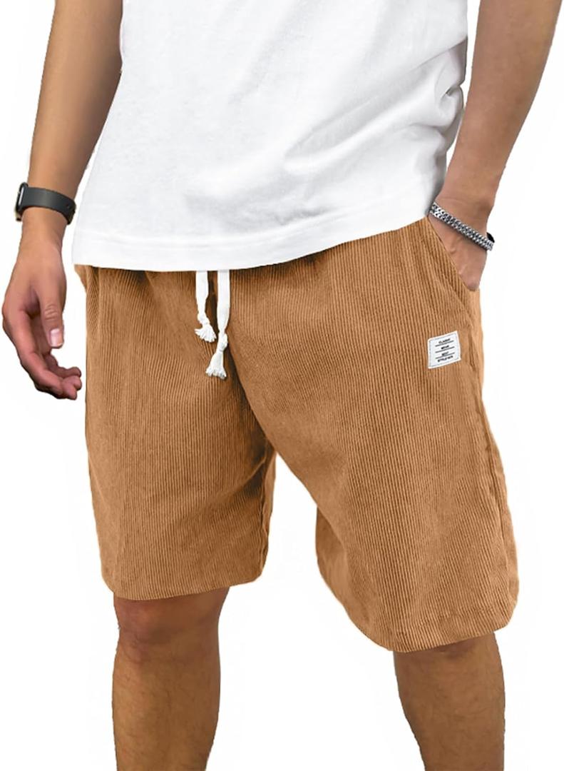 PLEPAN Mens Shorts 7 inch Corduroy Casual Short Drawstring Elastic Waist Lightweight Summer Beach Shorts Loose Fit (Medium, Khaki)