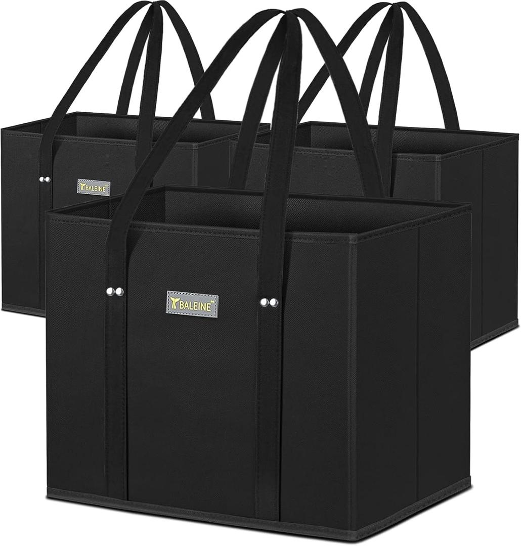 BALEINE 3Pk Reusable Grocery Bags, Foldable Shopping Bags for Groceries with Reinforced Bottom & Handles (Black), 3 Pack