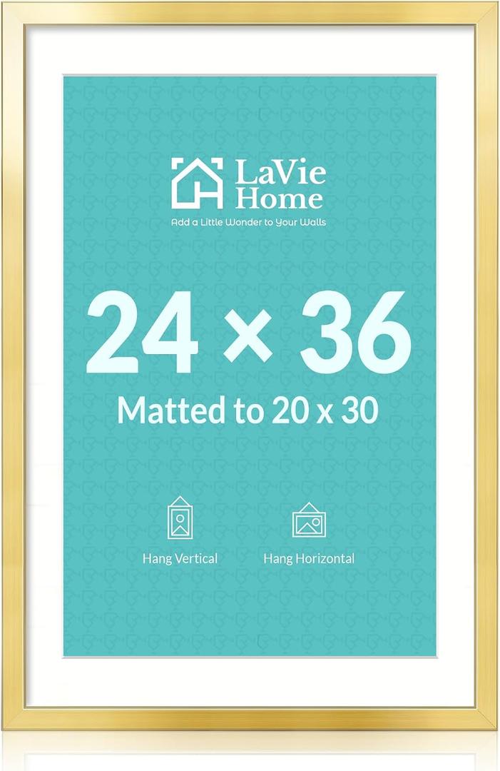 24x36 Picture Frame Gold Poster Frame,Display Pictures 20x30 with Mat or 24x36 Without Mat, Stable and Sturdy Frame and Polished Plexiglass, Horizontal and Vertical Format of The Walls
