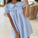 Women's Cute Babydoll Mini Dress Peter Pan Collar Ruffle Short Sleeve Pleated A Line Dresses 2026 Summer (Blue, L)