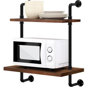 Nuanchu Microwave Oven Rack 2 Tier Wall Mount Microwave Shelf 26x18 Inches Retro Floating Shelf Stand, Black Storage Organizer Holder for Kitchen Oven Toaster Utensils, 25.59*17.71