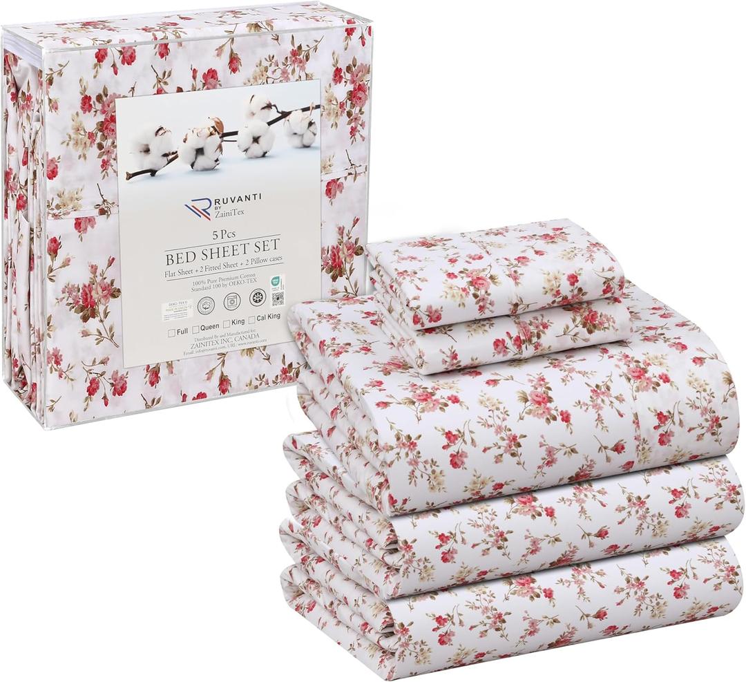 RUVANTI 100% Cotton Sheets  Split King Size Percale Bedding, Cooling & Breathable Floral Design, Durable with a Crisp, Soft & Comfortable Feel, 16" Deep Pocket, 5-Piece Set, Bouquet