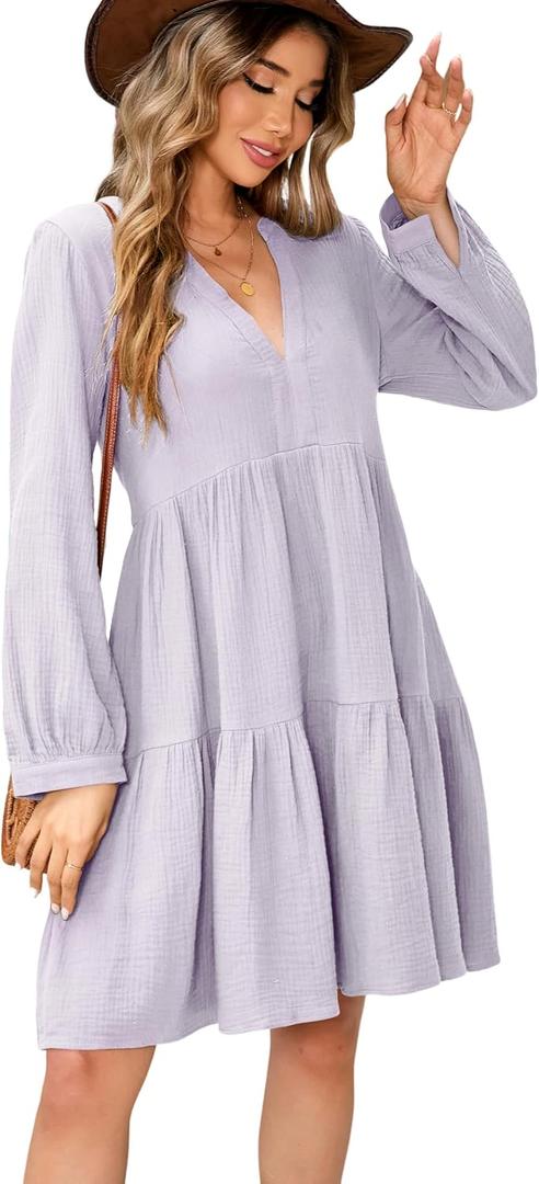 R.Vivimos Cotton Casual Dresses for Women Long Sleeve V Neck Tiered Flowy Mini Tunic Dress, Large
