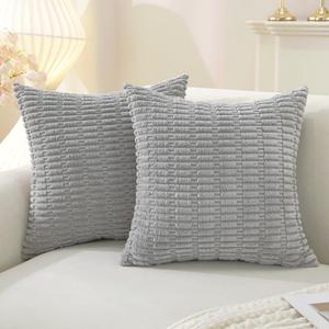YSTELLAA Set of 2 Corduroy Decorative Throw Pillow Covers 20x20 Inch, Boho Striped Pillow Covers Farmhouse Home Decor for Sofa Living Room Couch Bed,Light Gray
