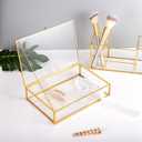 Feyarl Gold Glass Jewelry Trinket Box 5 x 7 Photo Cards Shadow Lidded Box Organizer Collection Display Case Decorative Keepsake Box for Home Deco (8.66 x 5.9 x 1.96inch)