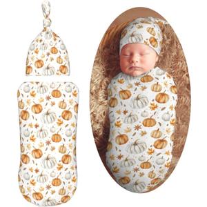 Pumpkins and Anise Stars Newborn Swaddle Blankets Hat Sets Soft Baby Receiving Blanket Swaddle Sack for Baby Shower Infant Boy Girl Gift (One Size)