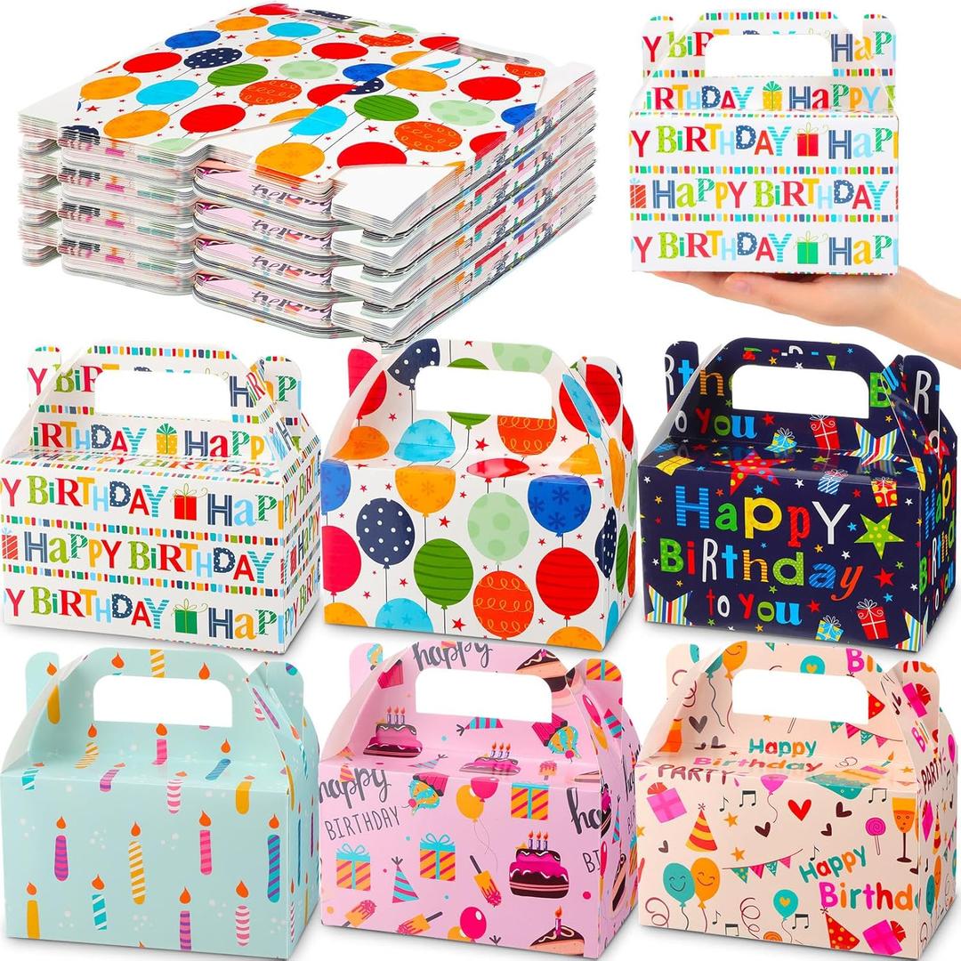 Zhanmai 36 Pack Birthday Party Treat Box 6 Inch Goodie Party Favor Treats Gable Box Birthday Gift Wrapping Container Cookie Cupcake Snack Candy bag with Handle