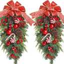 2Pack PreLit Christmas Teardrop Swags, 24 inch Christmas Stair Swags with Bowknot, Red Berries and Pinecone, Winter Pine Needles Swag for Front Door Wall Window Home Xmas Decor