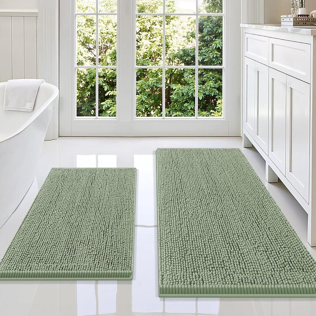 Smiry Chenille Bathroom Rugs Sets 2 Piece (47x20+30x20, Sage Green) | Soft Absorbent Machine Washable Non Slip Shaggy Bath Rug Set for Tub, Shower, and Floor, Home Decor